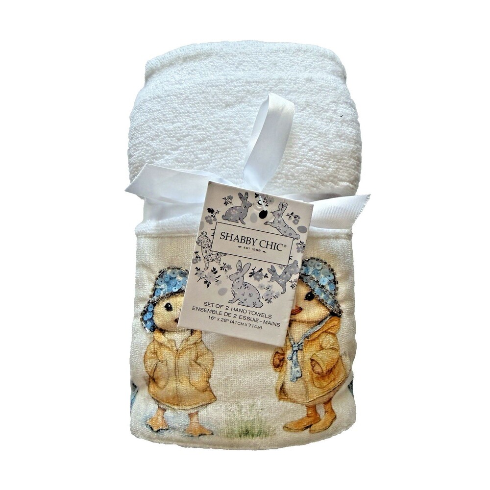 Shabby Chic Hand Towels Easter Beaded Sequin Embroidered White Ducks Set of 2